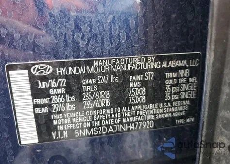 2022 Hyundai Santa Fe Sel из США, поврежденный, VIN 5NMS2DAJ1NH477920